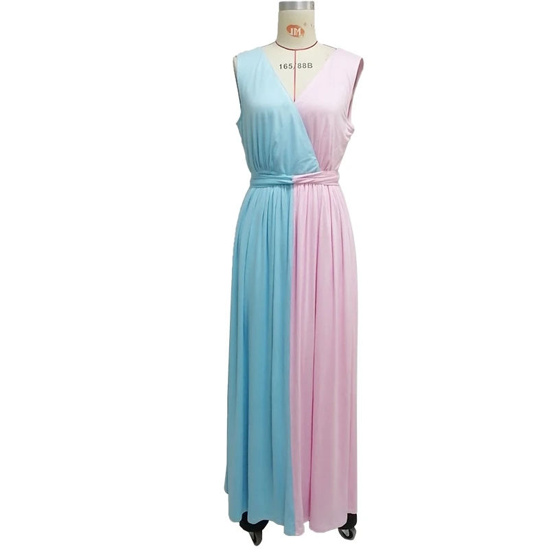 Women Elegant Maternity Color Splicing V Neck Long Dresses With Blet Pregant Dresses For Photography
