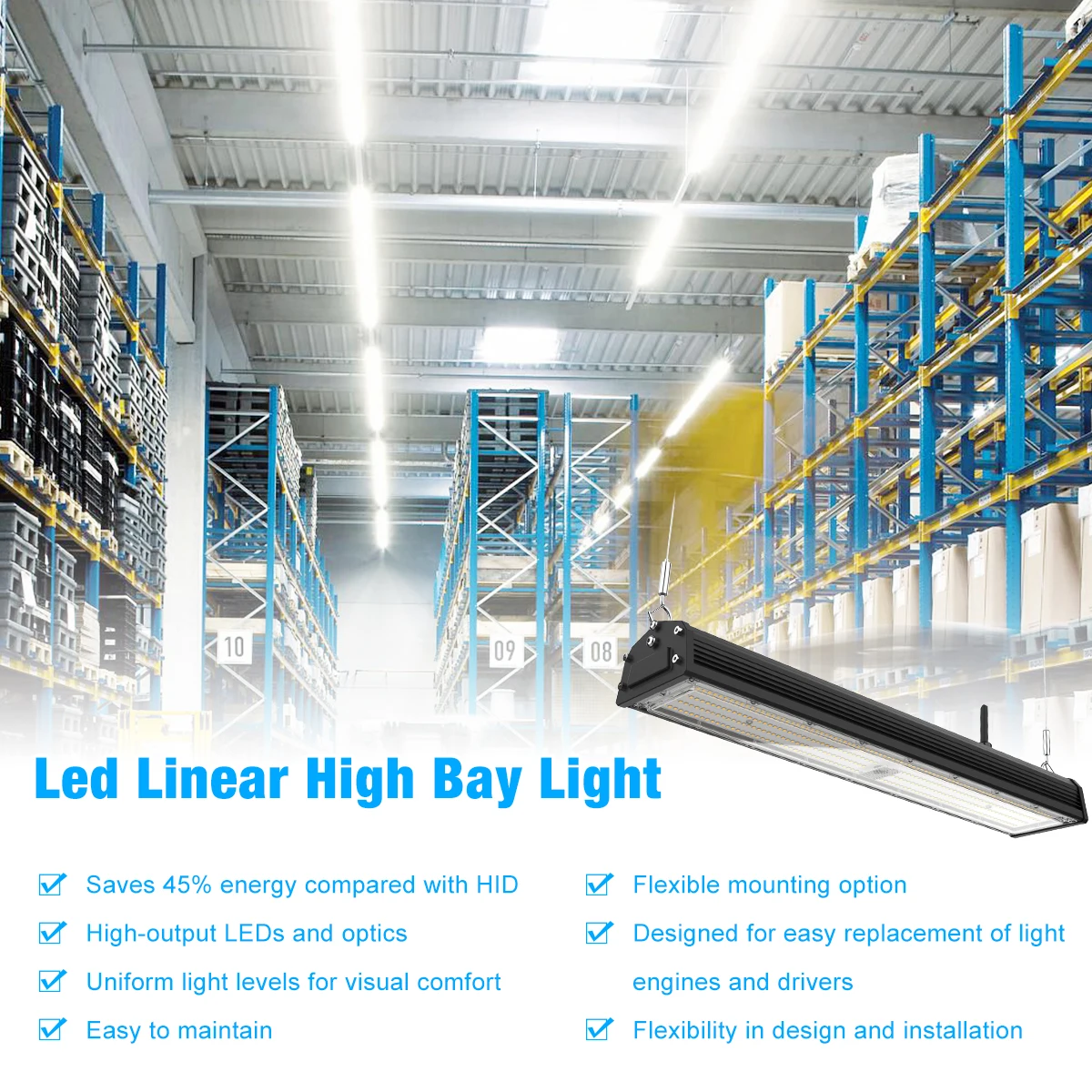 ROMANSO UL DLC SAA 100W 150W 200W 250W Warehouse LED Linear High Bay Lighting