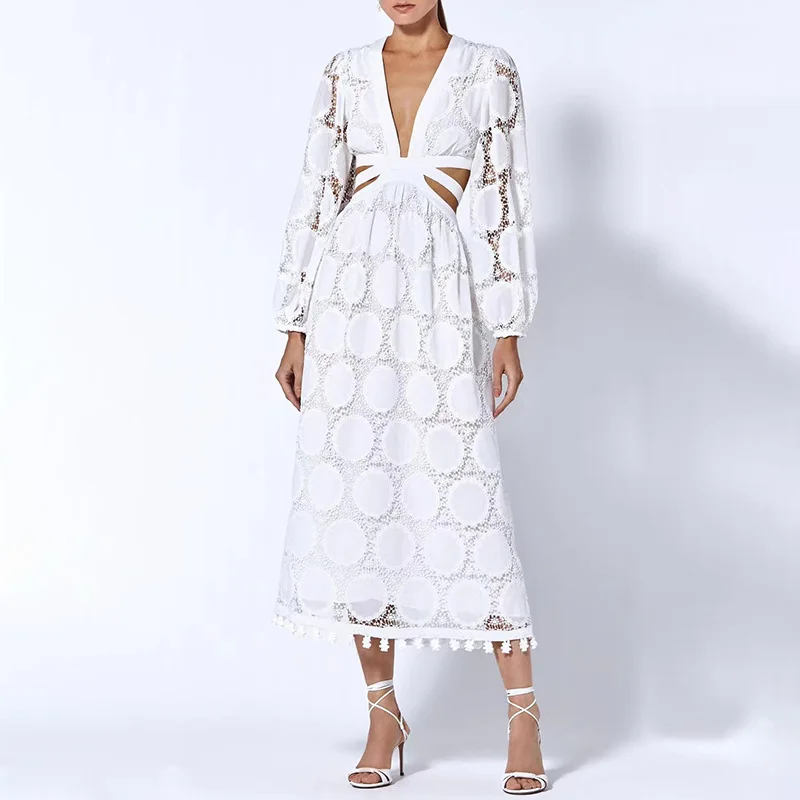 Plus Size Long Sleeve Lace Cotton Embroidered Pleated Woman Layers Beach Cocktail Evening Dress Oem Wholesale