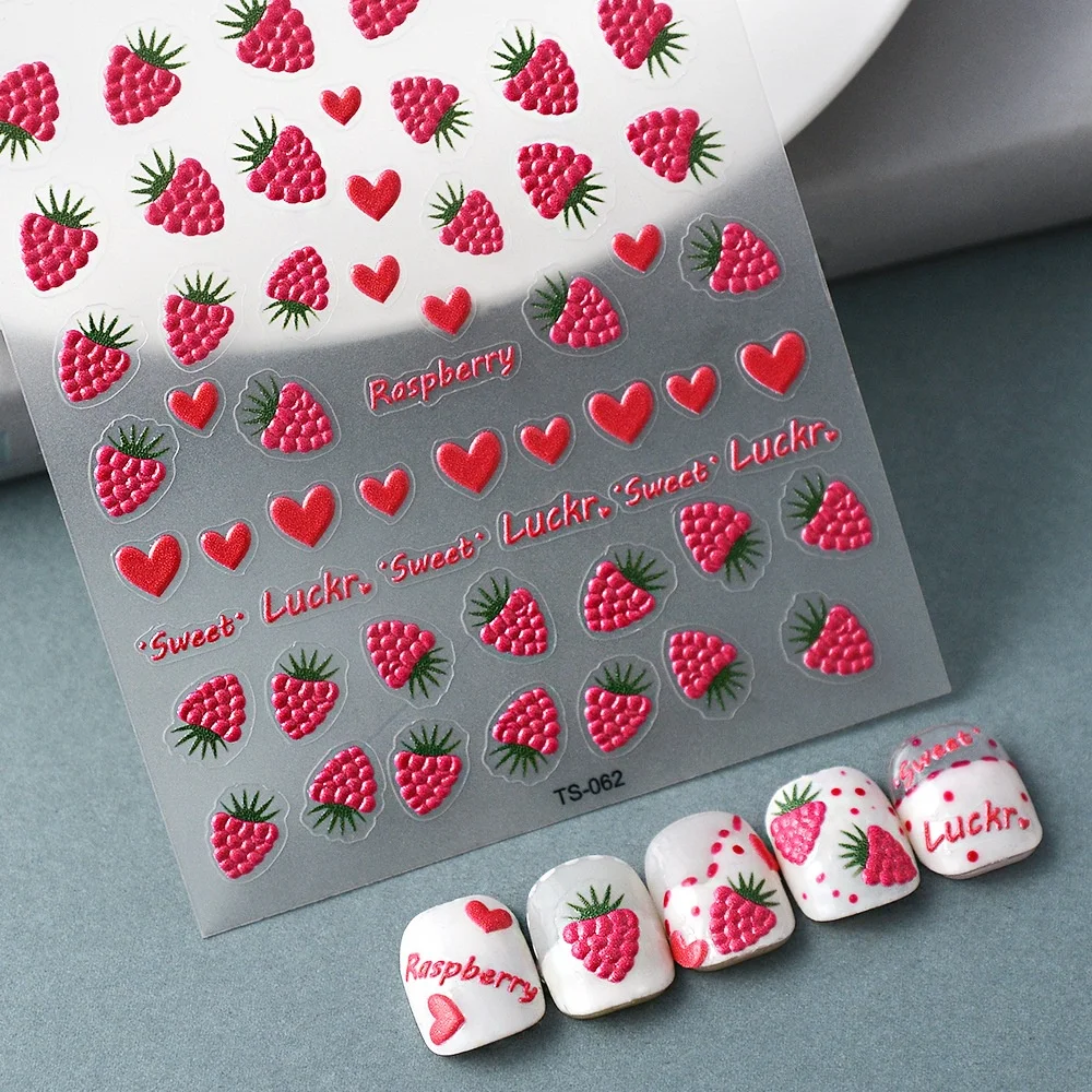 Pink Raspberry Heart Letter Nail Stickers 5D Embossed Self-Adhesive Flower Fruit Butterfly Waterproof Decals Nail Decorations