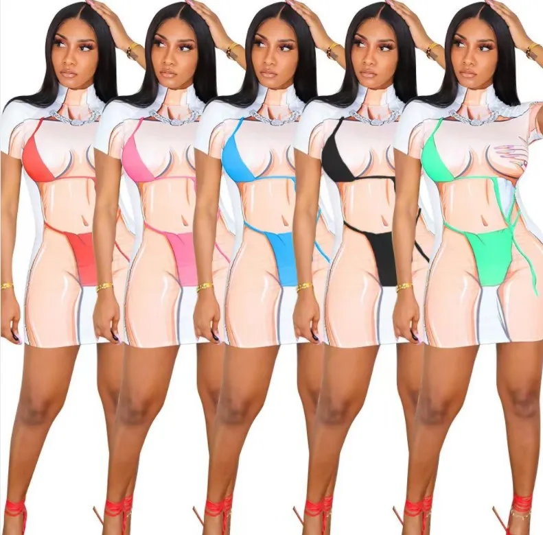 2022 wholesale summer dresses Sexy short sleeves 3d bikini printed bodycon dress