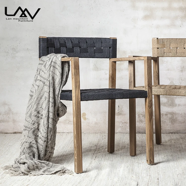 Designer style villa hotel restaurant accent dining chair wood frame weave rope leisure armchair furniture