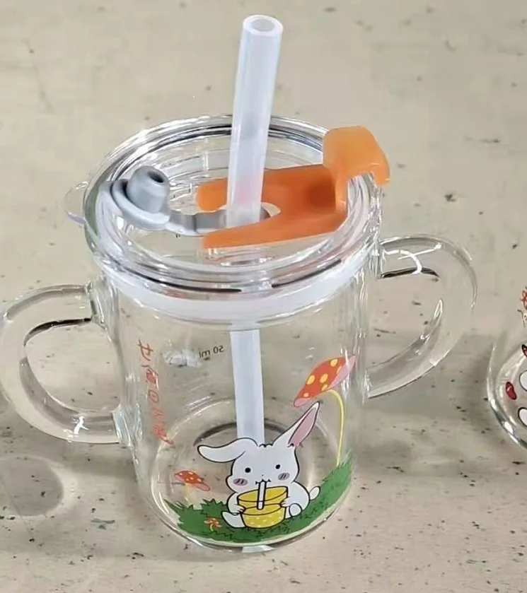 heat-resistant animal printing double wall drinking glass water bottle with straw