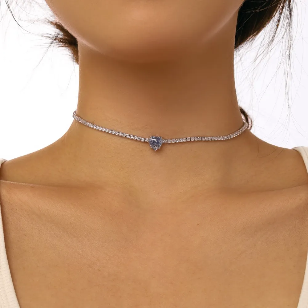 Dylam Fine Jewelry Choker Necklaces Women S925 Silver Heart Shape 2 Ct Radiant Cut 8A Cubic Zirconia Choker Tennis Necklace