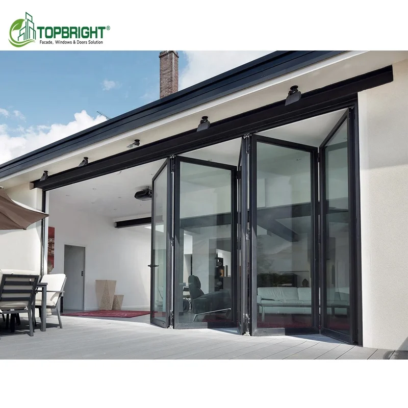 Apartment black foldable door terrace impact aluminum accordion folding glass door exterior