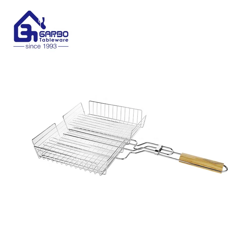BBQ Tool Iron Grill Mesh Square Grilled Wire Clamp Fish Chicken Beaf Clip Barbecue Grilling Net With Rubber Wood Handle