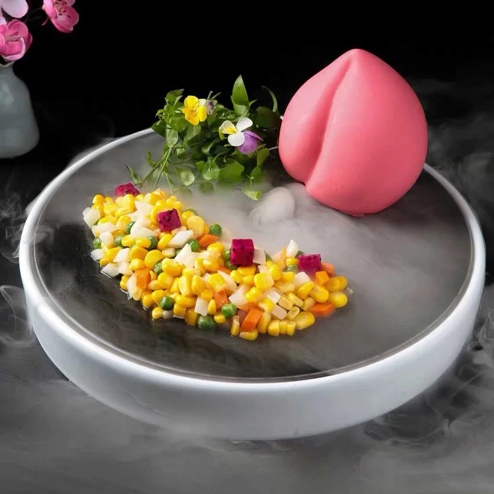 
Gastronomy Plate Tray Dry Ice Fruit Dish Serving Dish Ceramic Round Dry Ice Trays 
