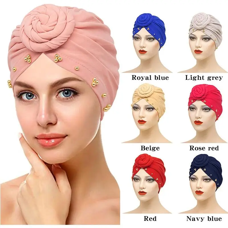ladies turban hat solid color top knot inner cover african pre-tied twist head wrap women muslim hair loss stretch turban cap