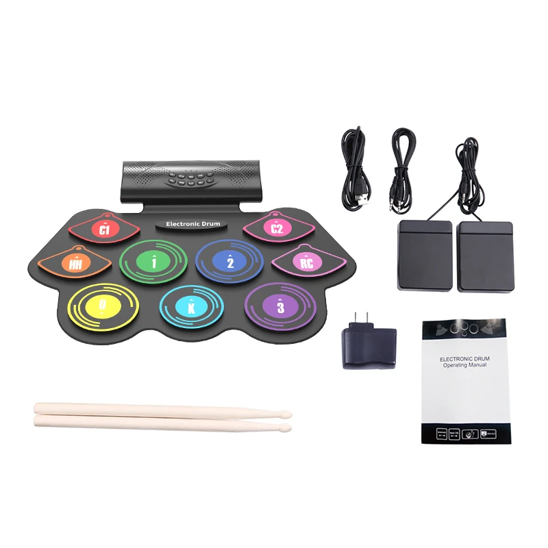 Wholesale percussion roll up drum kit electronic drum set colorful drum gift with battery and speaker