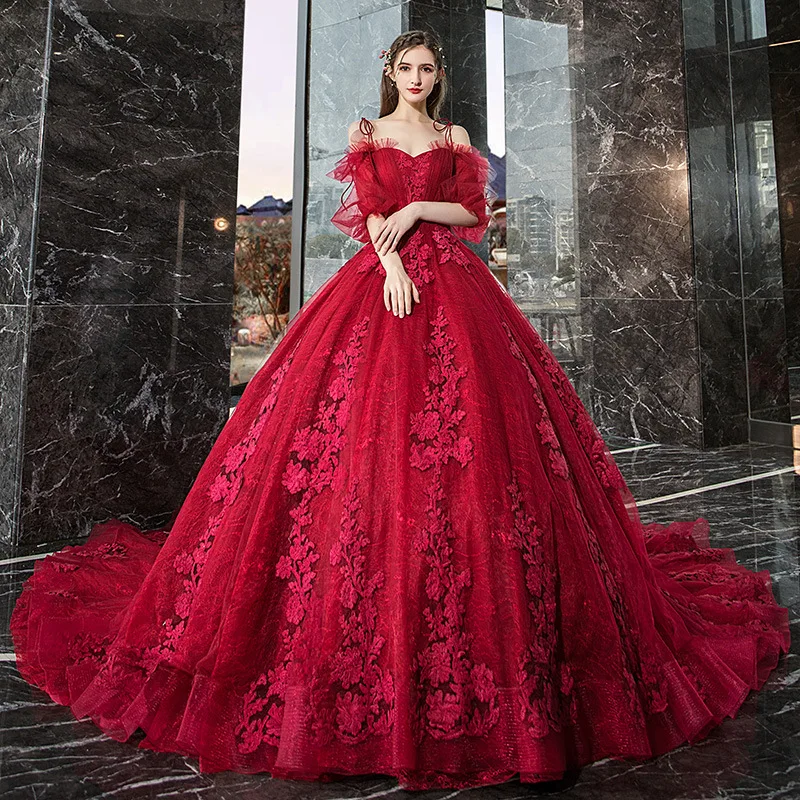 SUNNY Red Maternity Large Size Slimming One-line Shoulder Train Wedding Dress