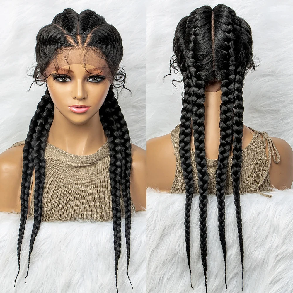26 Inches Synthetic Lace Front Wigs Braided Wigs Lace Front Dutch Twins Cornrows Braids Wig With Baby Hair for Black Women