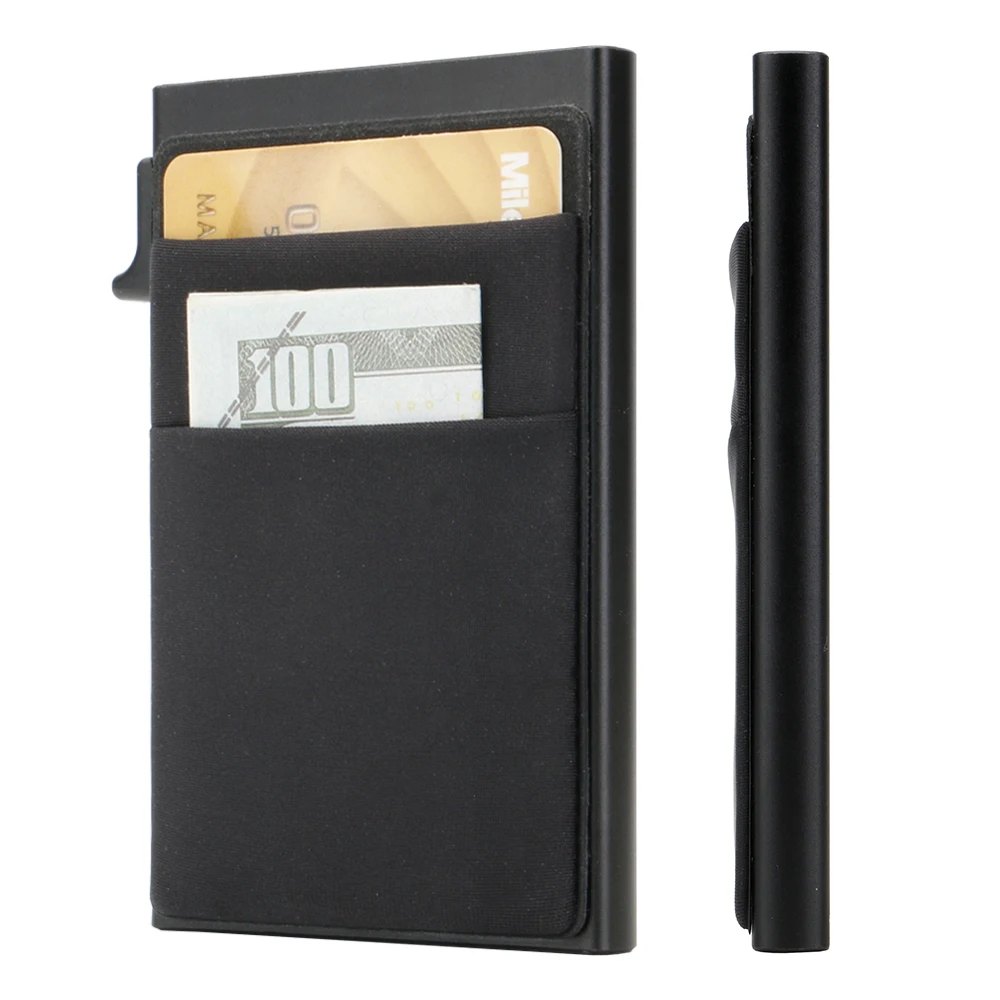 Card Holder with Money Pocket Pop Up Wallet RFID Blocking Slim Metal Bank Card Case Holds 5 Cards and Notes