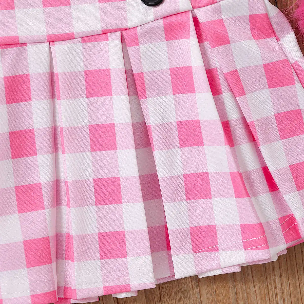 2024 Summer Hot Sale 18M-7Y 3-piece Girl Fashion Fuchsia Faux Fur Camisole and pink  Plaid Pleated Skirt Set