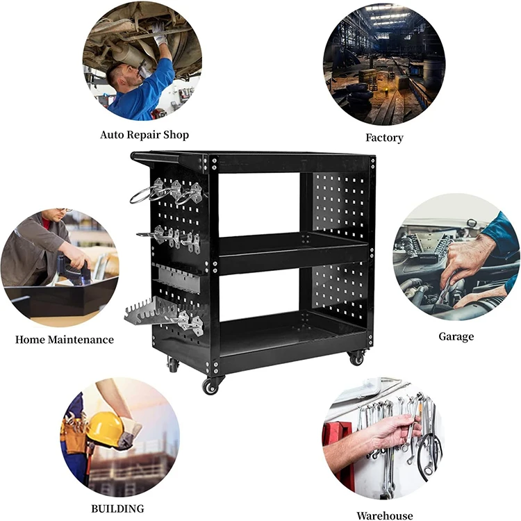 JH-Mech Rolling Tool Cart with Side Pegboard Kit and Lockable System 300lbs Load Capacity 3 Tier Heavy Duty Tool Storage Cart