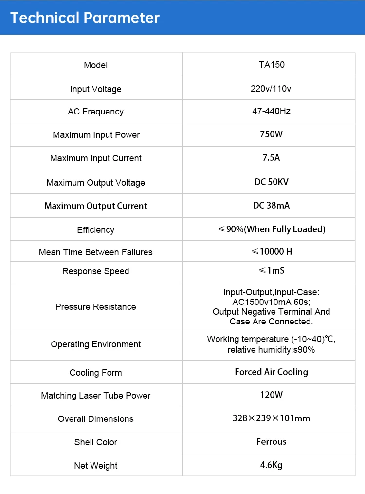 HY-T150-HX 120w Co2 Laser Power Supply with High Voltage Connector for 100-150w Laser tube Cutting and Engraving Machine