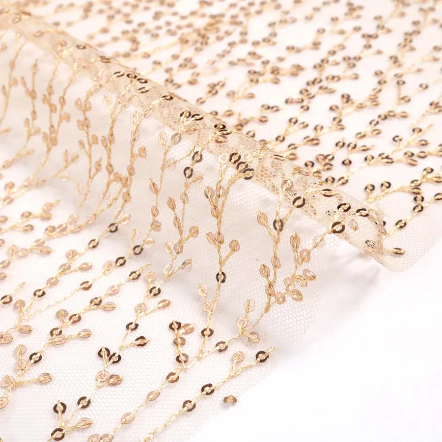 Beautiful Golden Polyester Yarn Mesh Gournd 3mm Spangle Sequins Fabric for Summer Dress Woman