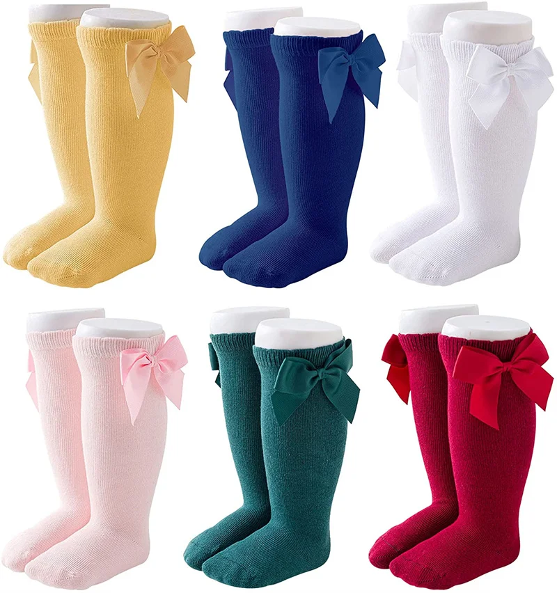 Новинка, высокие носки до колена с ленточным бантом для маленьких девочек, Длинные чулки для новорожденных, детские носки принцессы с оборками, школьная форма, носки
