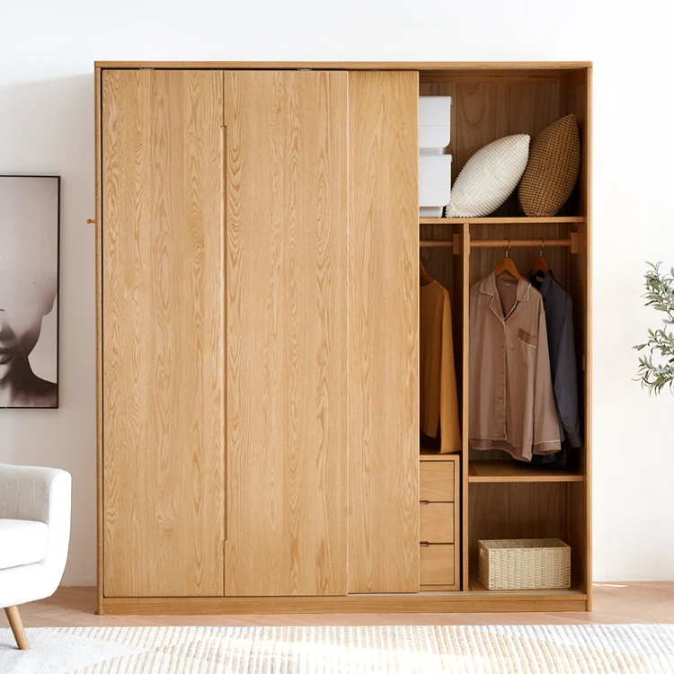 F8041 Nordic style solid OAK wood two sliding doors natural and black walnut color wardrobe bedroom furniture