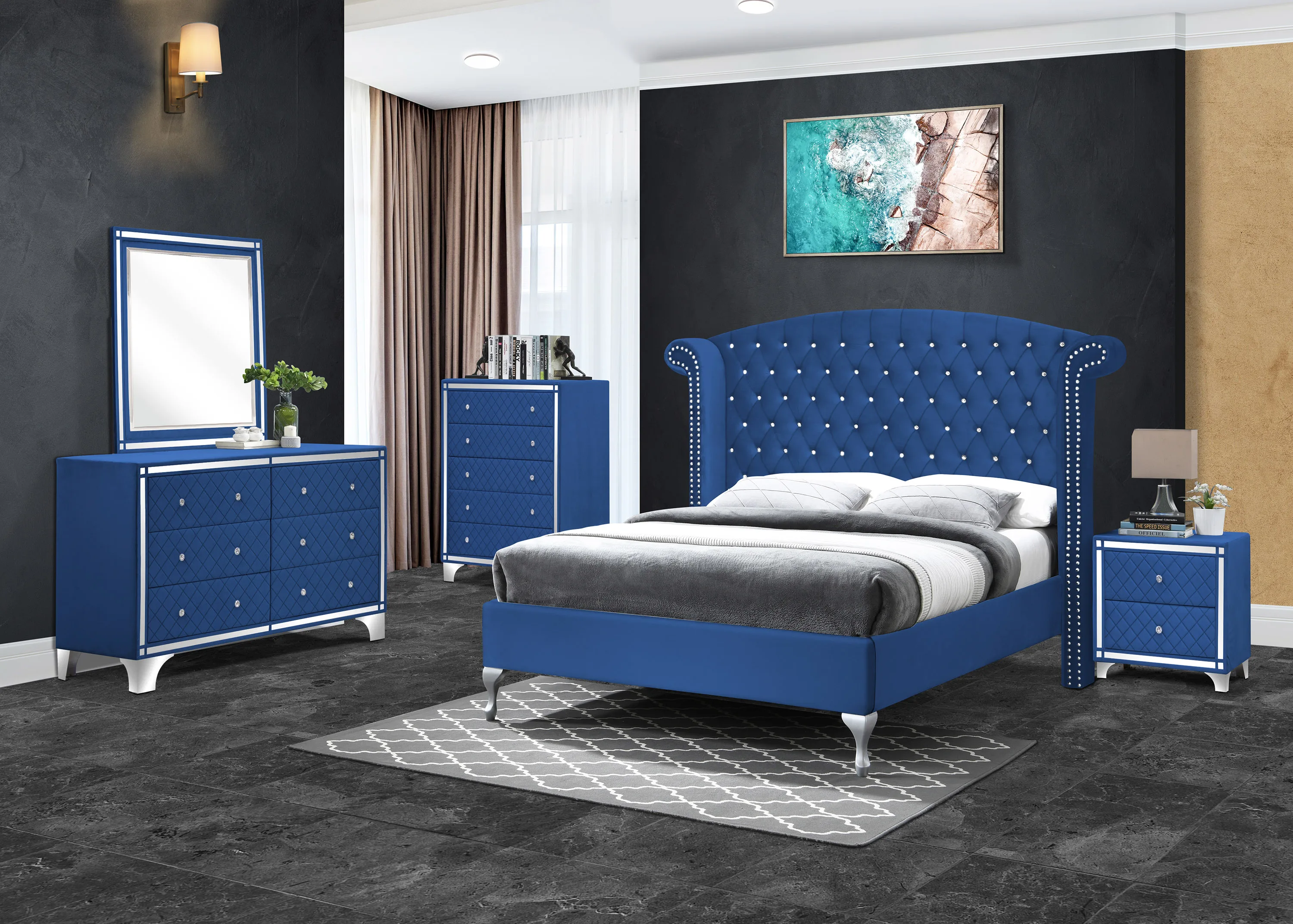 New Cleopatra 5 Pcs Upholstered Bedroom Set Full Velvet Grey Complete With Bed/ Dresser/ Chest Of Drawer/ Night Stand And Mirror