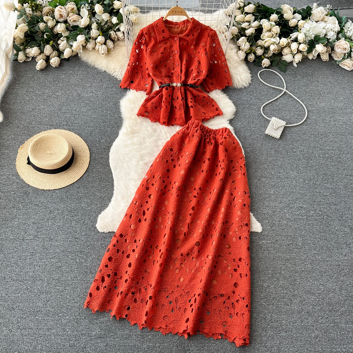 Summer Suit Female Ruffled Short Shirt Pleated Skirt Two-Piece Set