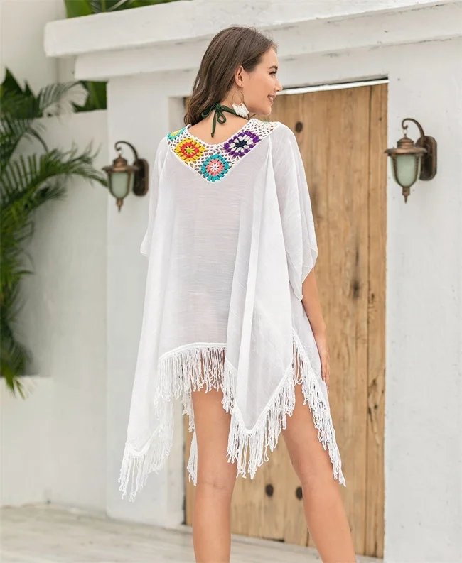 2023 модная летняя женская пикантная свободная пляжная юбка в богемном стиле накидка на бикини вязаное крючком с кисточками купальник платье