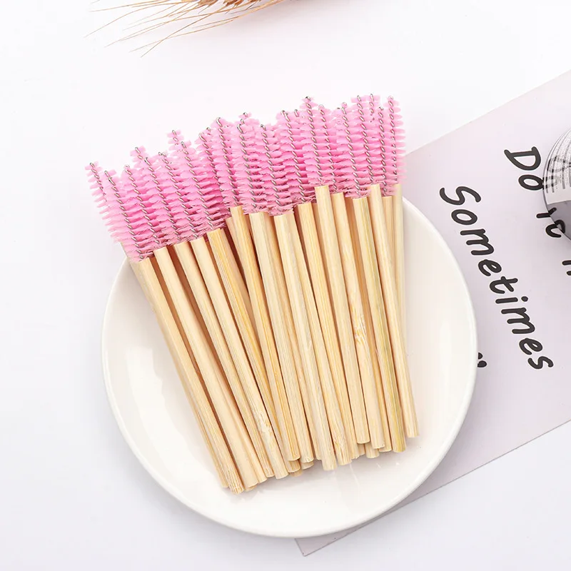 50Pcs/bag Disposable Mascara Wands Wood Handle Disposable Mascara Wands Nylon Fiber Eyelash Brush Eyebrow Bamboo Stick