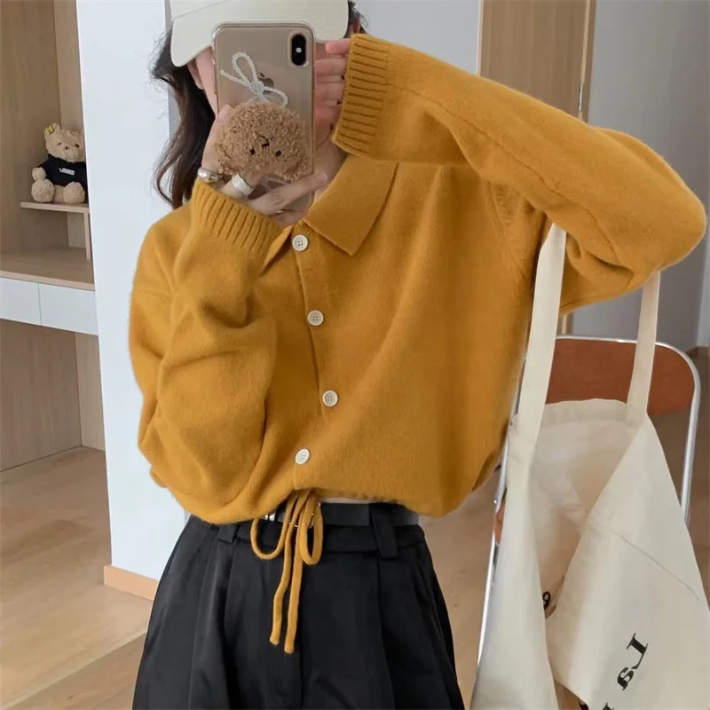 Spring casual simple basic polo neck  button cardigan crochet jacket woman drawstring frenum knitted sweater cardigan