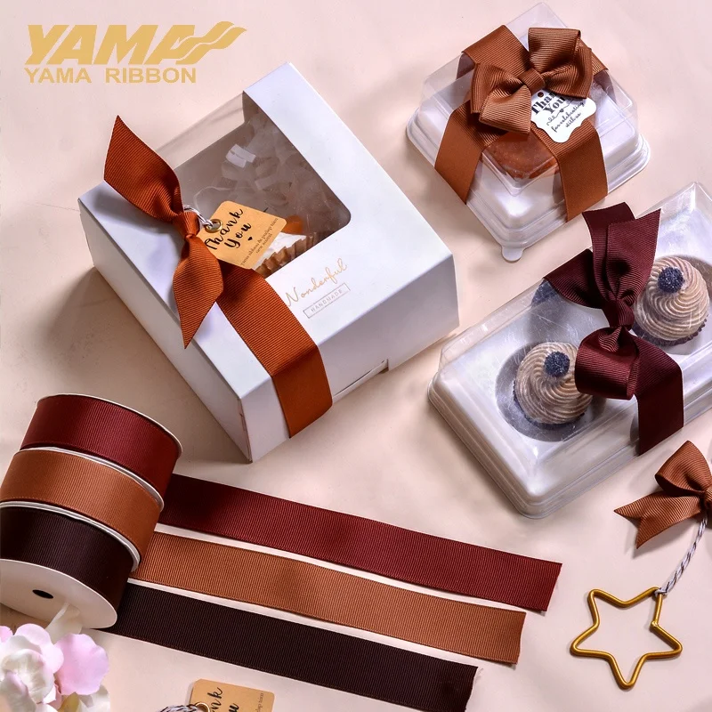 YAMA Factory Price Stock 25MM 1 Inch Solid Colors Coffee Brown Grosgrain Ribbon For Gift Wrapping