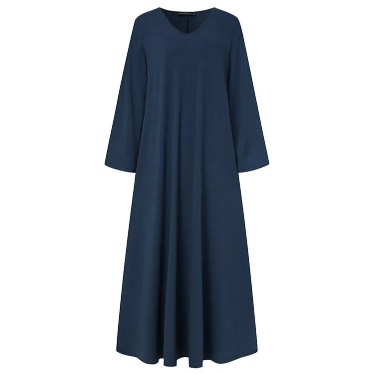 Latest autumn women clothing oversized long casual dresses plus size solid color long sleeve v neck maxi dress with pockets