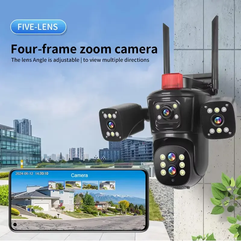 HD Smart Home Outdoor Wireless Camera 10X Optical Zoom 5 Lens Four Screen PTZ Micro SD Card Data Storage Video Surveillance Wifi