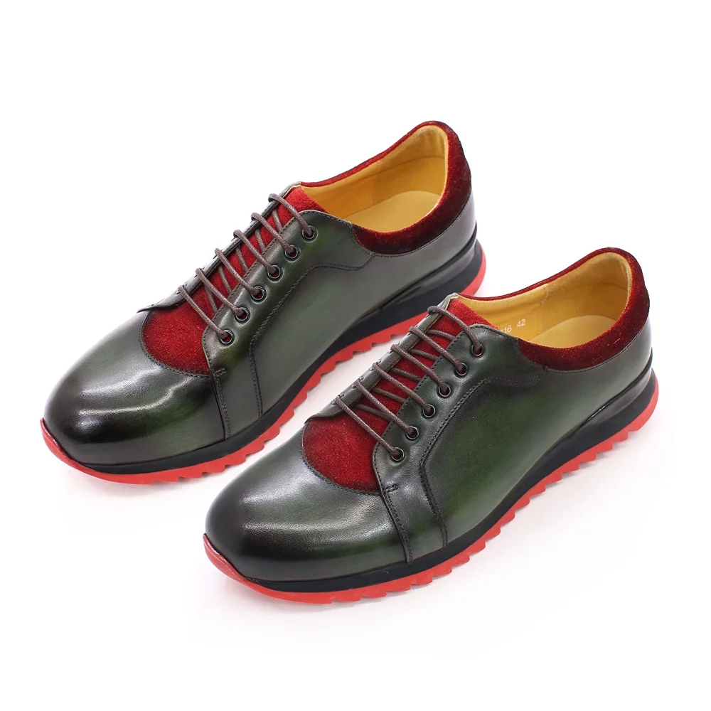 2022 Trendy Casual Real Leather Shoes for Men Lace-Up Genuine  Cow Leather Handmade Color Sports  Red White Bottom Sneakers