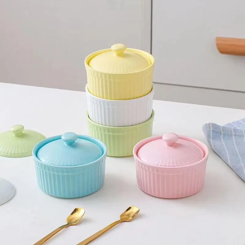 Oven safe Ceramic Creme Brulee Ramekin Bowls With Lid Cake Pudding Ceramic Dessert Bowl For Restaurant Wedding