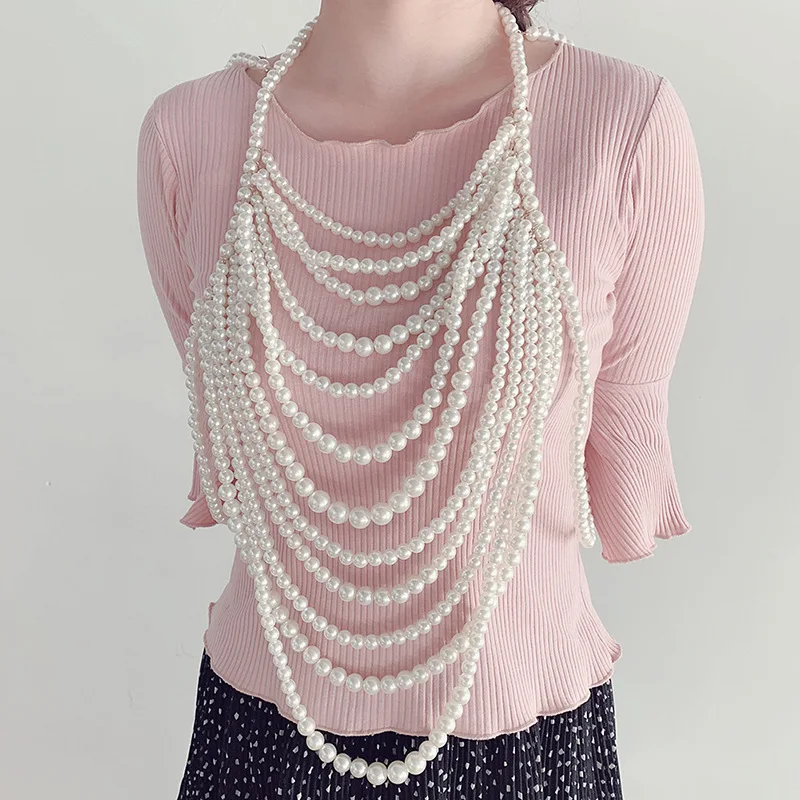 Wholesale Wedding Dress Accessories Pearl Necklace Long Multilayer Beaded Sweater Chain Exaggerated Big Body Chain