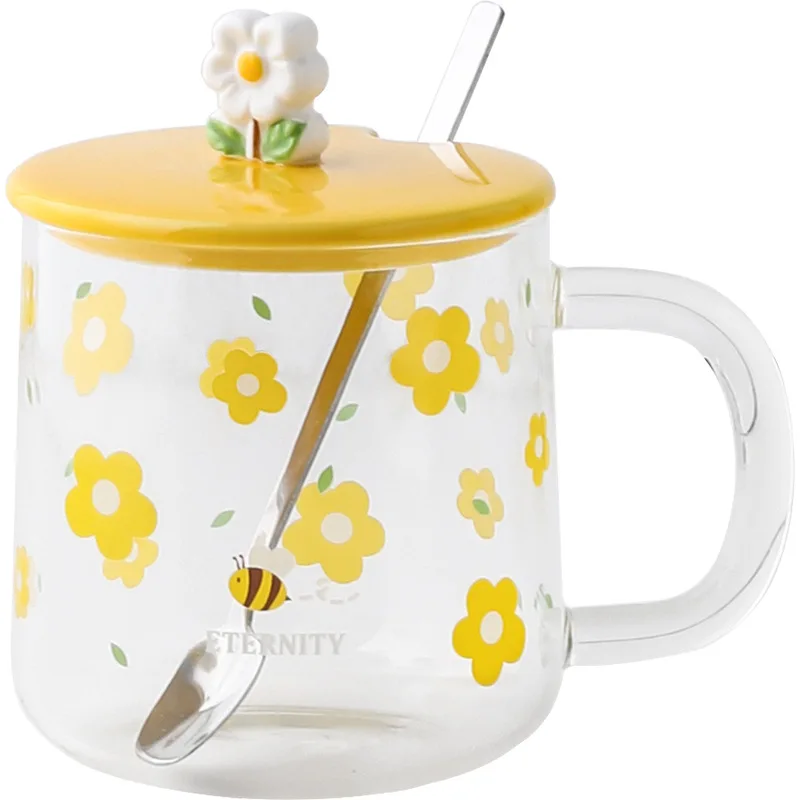 2022 Manufacturers Wholesale Cute Printed Cartoon Glass Home Super Stereo Flower with Lid and Spoon Breakfast Coffee Mug