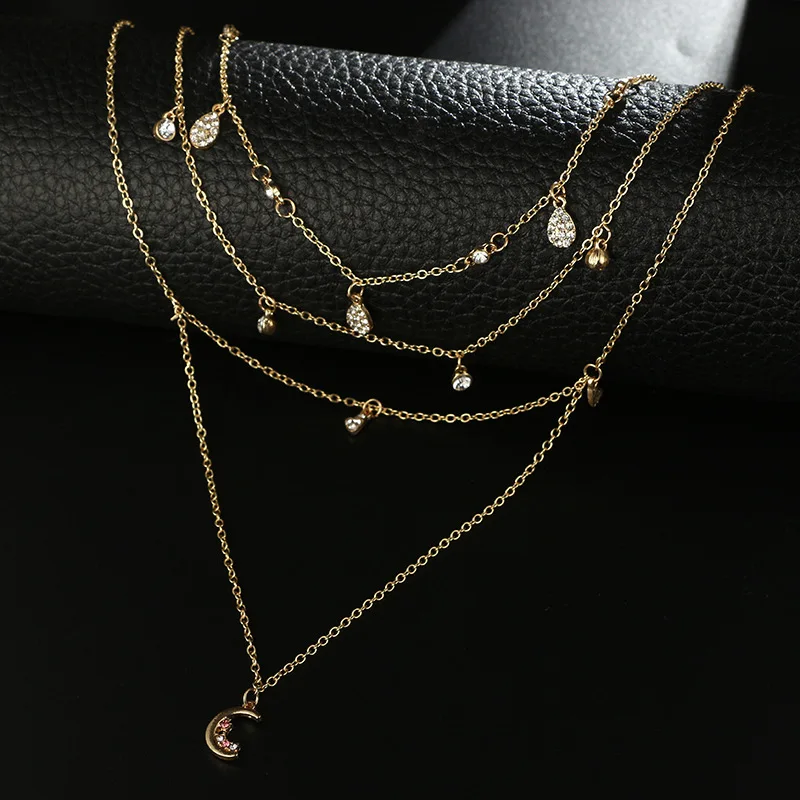 Wholesale and retail Korea simple geometric drop heart choker moon pendant short multi-layer necklace