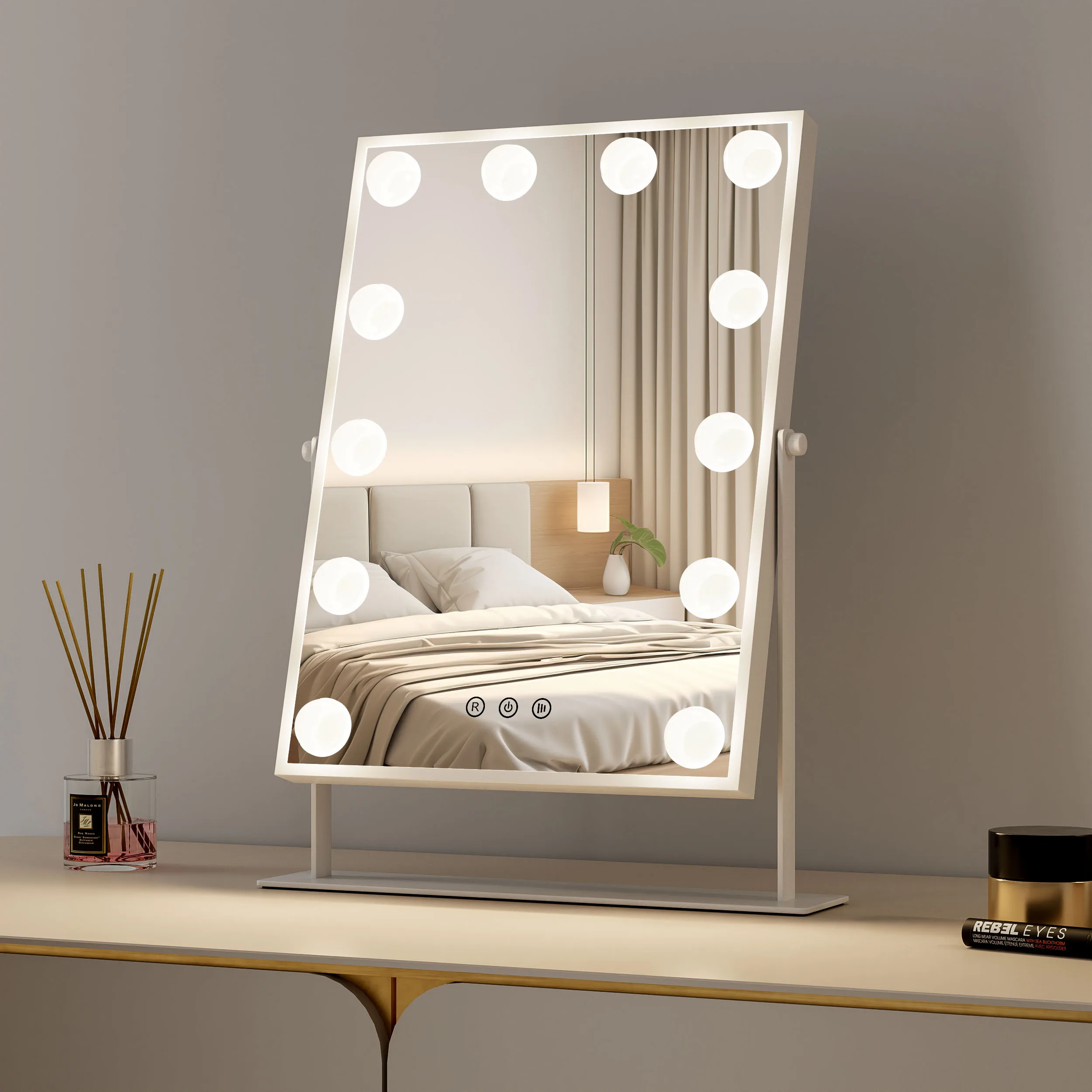 Portable Smart Touch Control Lighted Custom Logo Tabletop Mirror With Led Light Makeup Table Bulbs Hollywood Vanity Mirror