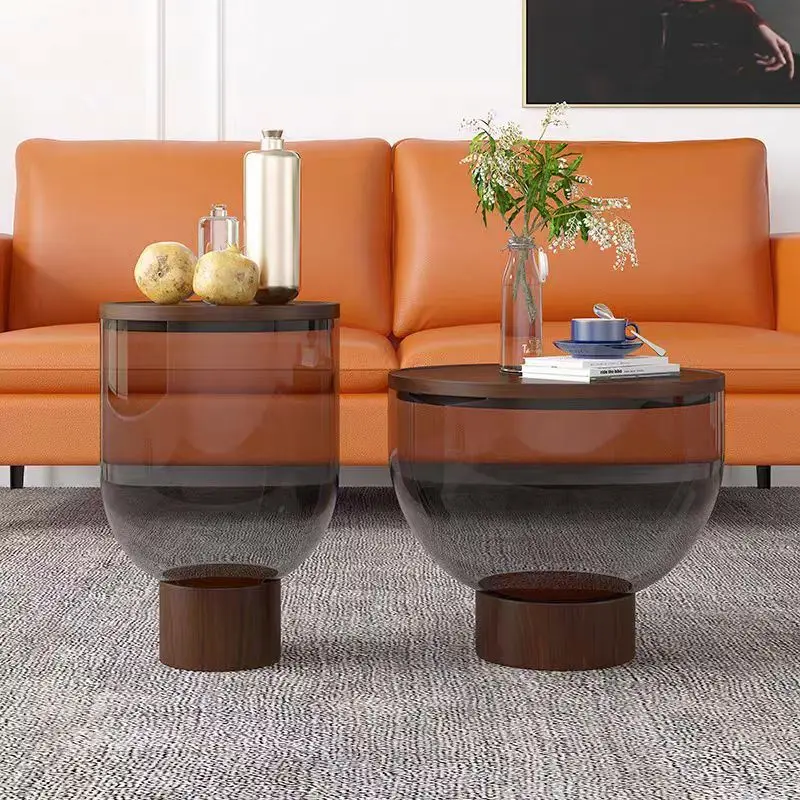 Art style side table with wooden top and glass bottom coffee table
