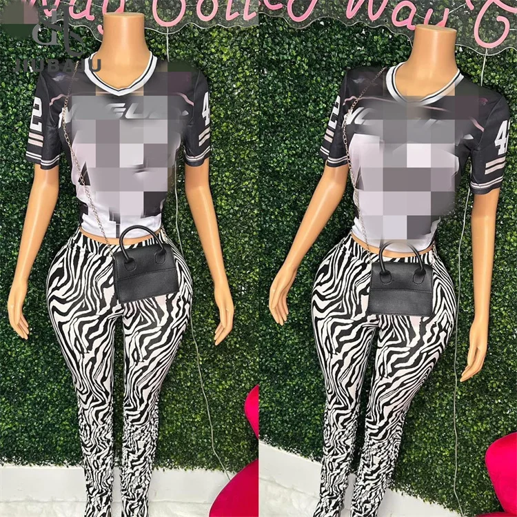 Women 2 Piece Tracksuits V-Neck Short Sleeve T-shirts Elastic Waist Zebra Pattern Skinny Pants