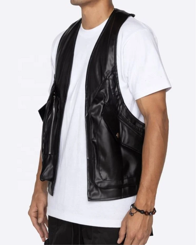 KY New Street Wear Fashion Sleeveless Wholesale Faux Leather Jackets Veste Homme Stacked Pants