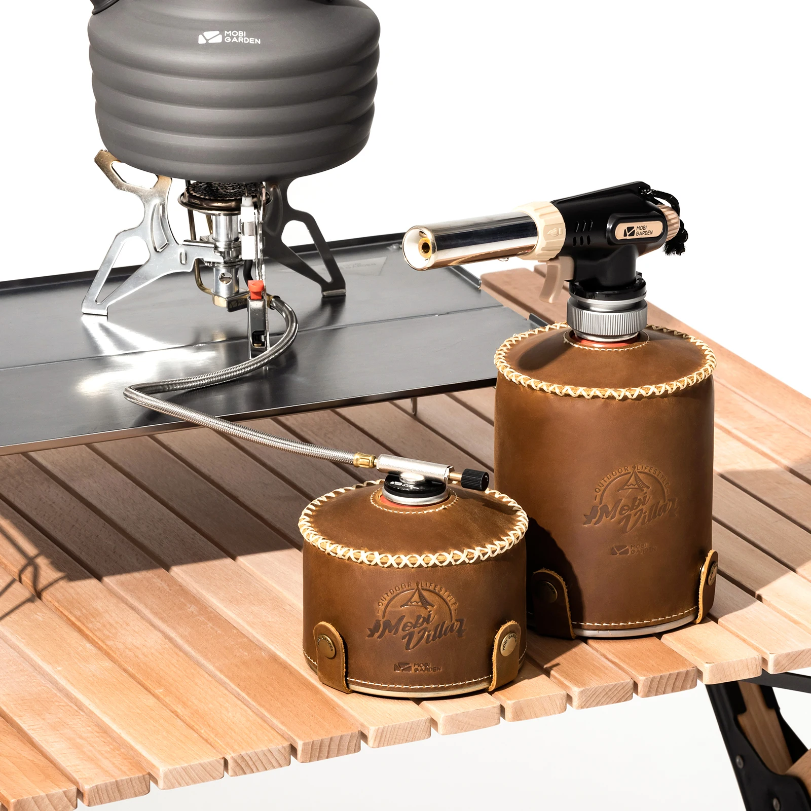 MOBI GARDEN Gas Tank Cover Cowhide Leather Camping Protective Case Gas Canister