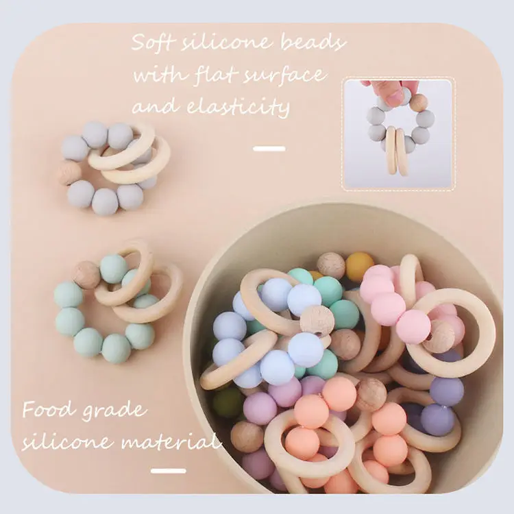 Infant teether bracelet safe organic bracelet wristband teething toys baby kids silicone wooden ring teether toys