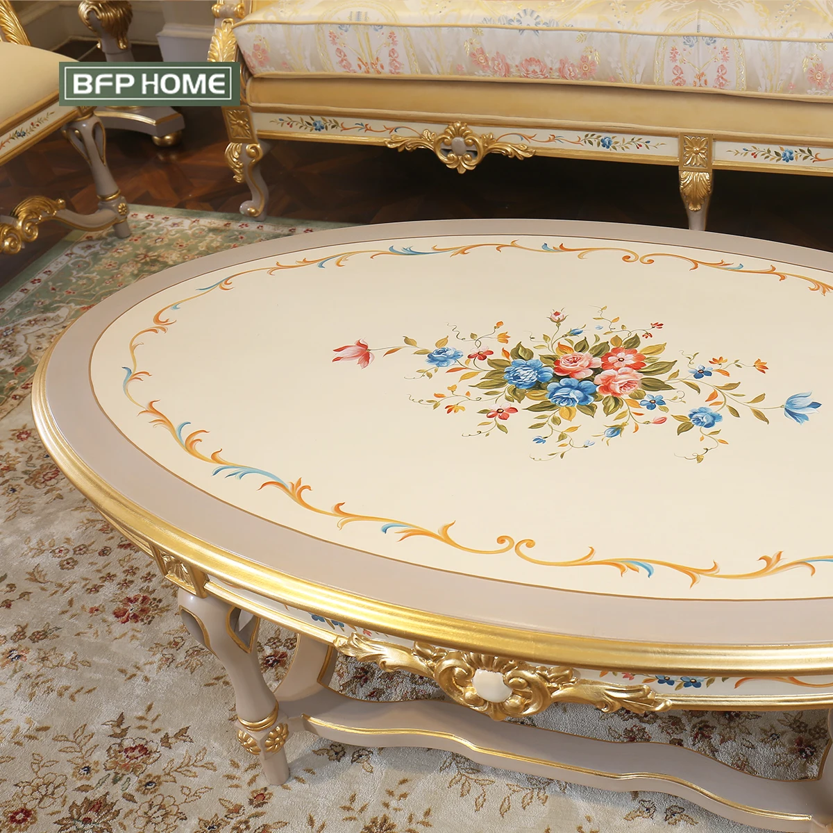 BFP HOME French Luxury Style High-end Sofa Classical Living Room Sofa Set with Gold/Silver paint Solid wood furniture