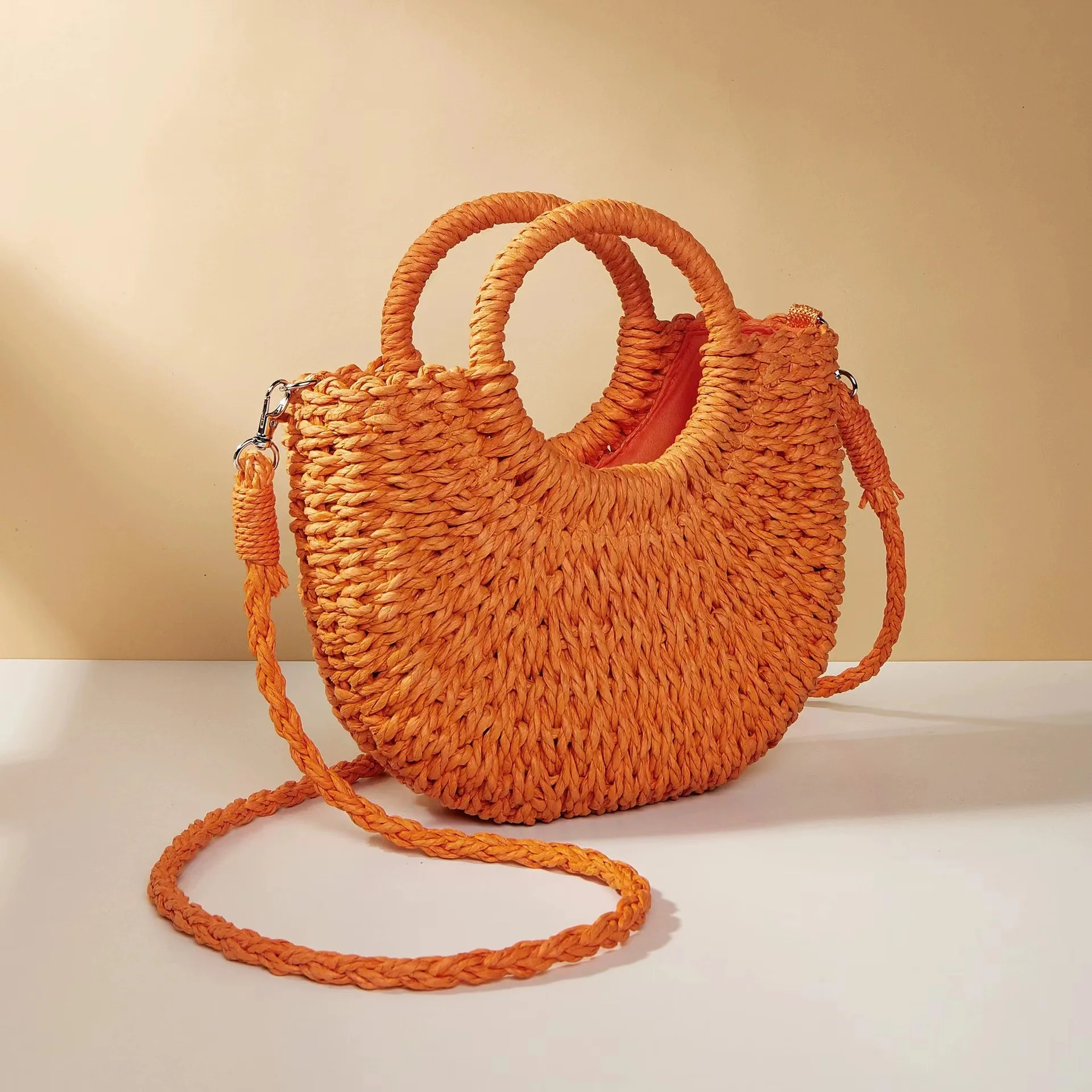 Multi-color Mini Semi-circle Hand-woven Women Summer Retro Beach Tote Shoulder  Straw Bag Crossbody Travel Beach