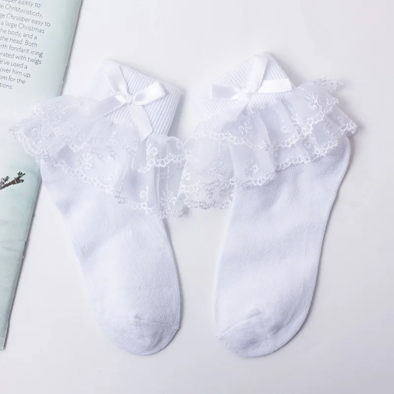 Spring Autumn Lace Lace Bow Pearl Baby Girl Socks Wholesale Ruffle White Socks For Children