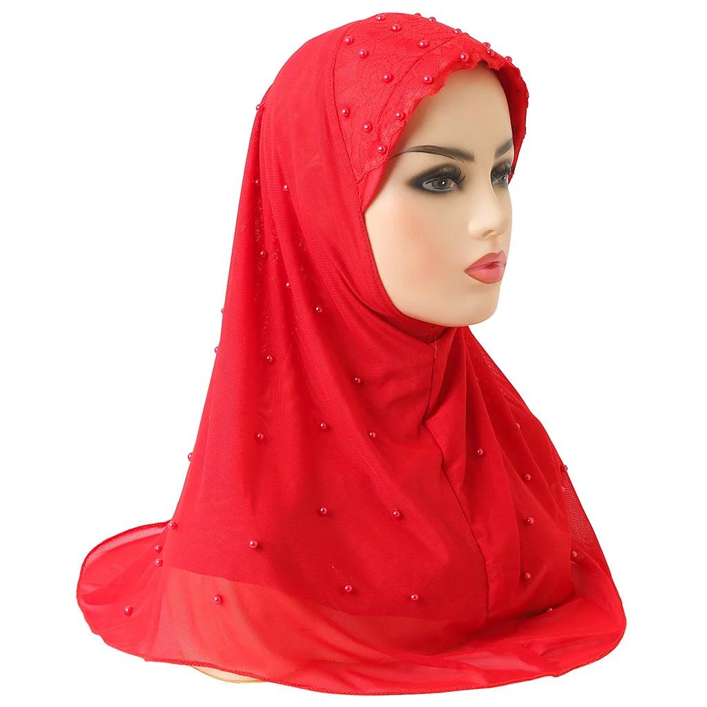 Amazon Hot Sale Dubai Muslim Women Fashion Double-layer chiffon Beads Hijab Turban Arabian Ladies Easy to Wear Headscarf