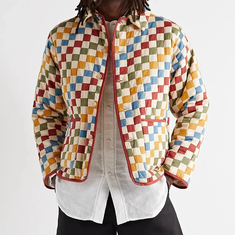 OEM custom men single-breasted checked patchwork cotton chore jacket with pockets