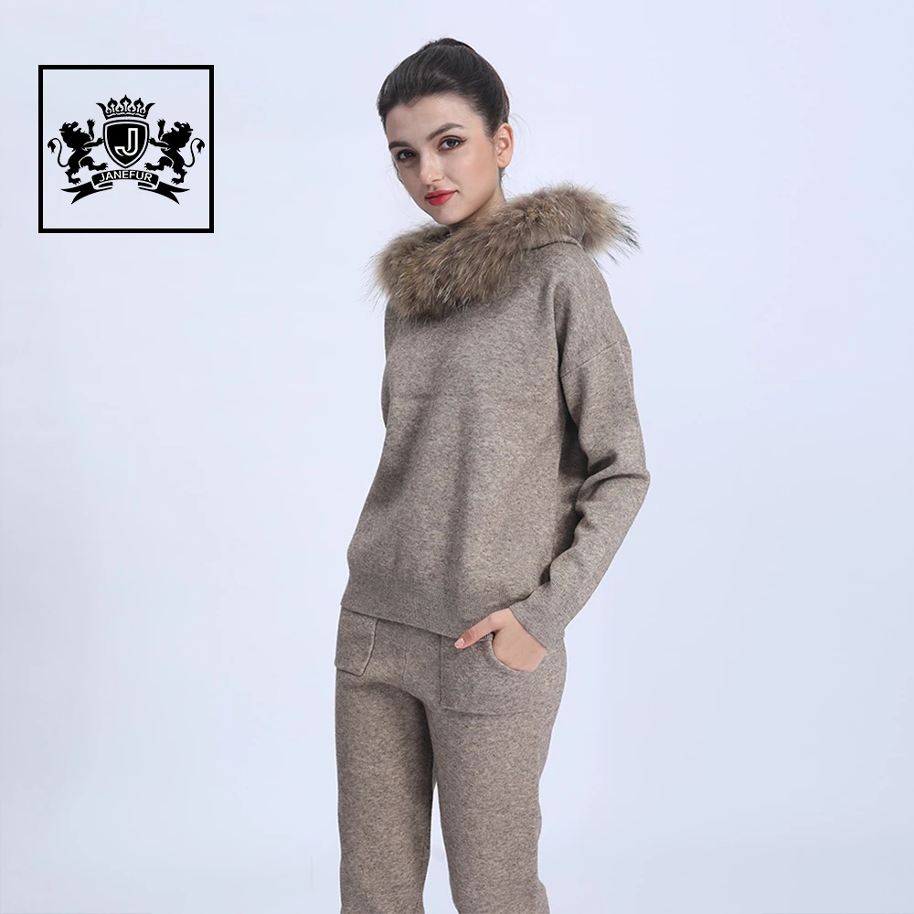 2022 Autumn Winter Knit Sweater Knitwear Set  Knitted Women Raccoon Fur Hooded Sweater Suits Set
