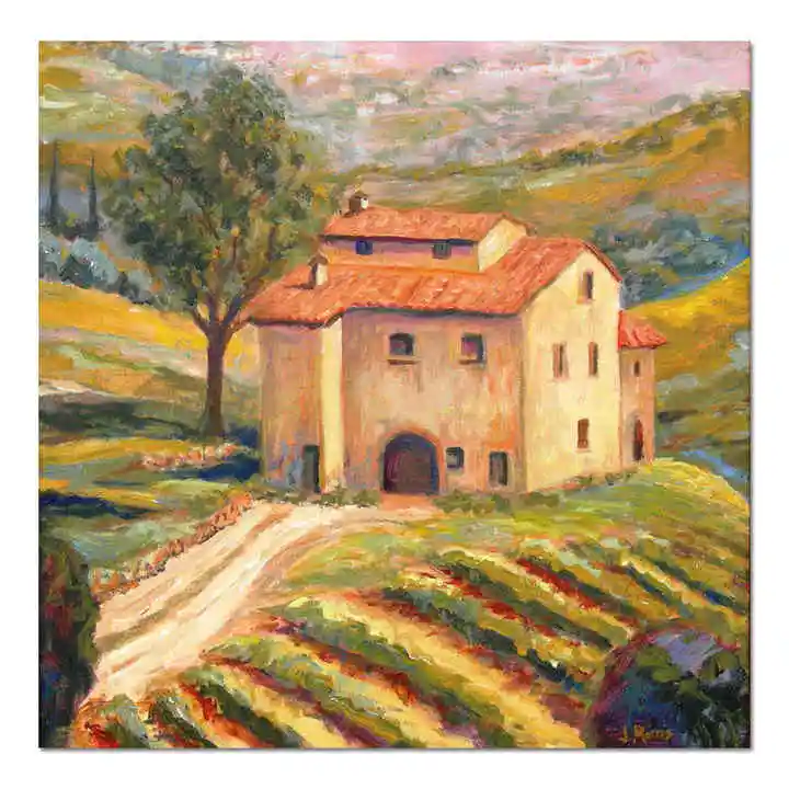 Handmade Mediterranean Rural Italian Bella Tuscany Villa Hand Painted Landscape Oil Painting