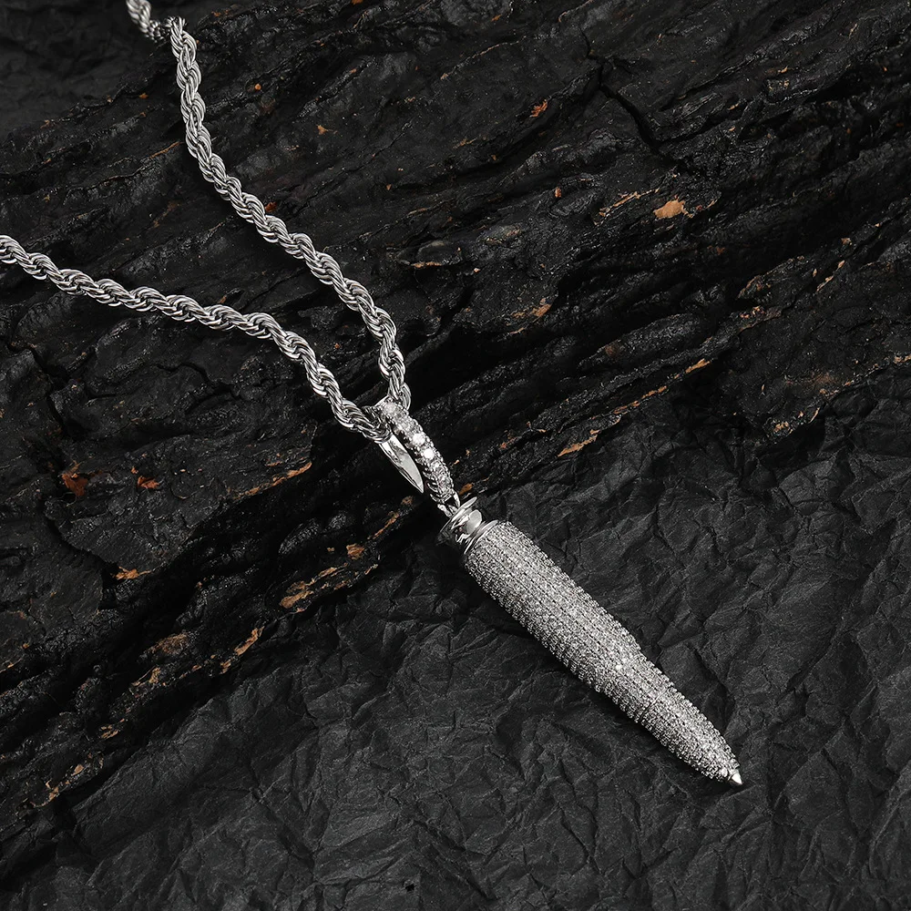 Hip Hop Style Gold and Silver Plated Brass Zircon  Micro Insert Charm Bullet Pendant Necklace