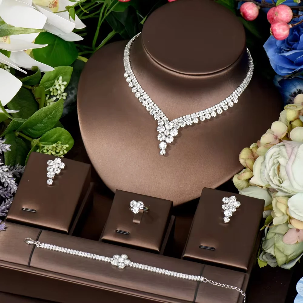 HIBRIDE Beautiful White Bling Cubic Zirconia Dubai Bridal Jewelry Sets for Women Wedding Party Dress Accessories N-1436